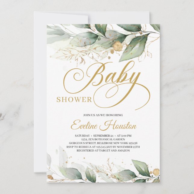 Invitation Calygraphie moderne eucalyptus baby shower feuille (Devant)