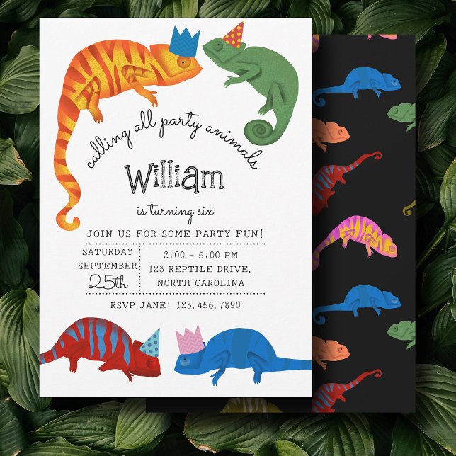 Invitation Caméléons Reptiles Colorés Lézards Anniversaire En (Chameleons Colorful Reptile Lizards Kids Birthday Invitation)