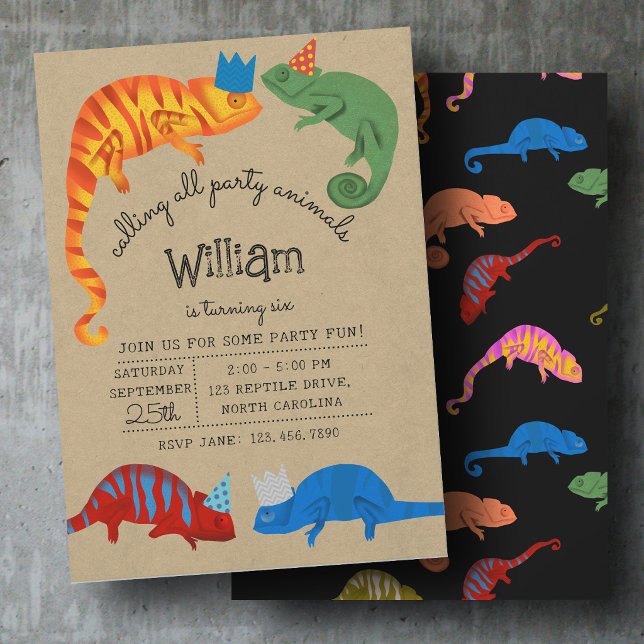 Invitation Caméléons Reptiles Colorés Lézards Anniversaire En (Chameleons Colorful Reptile Lizards Kids Birthday Invitation)