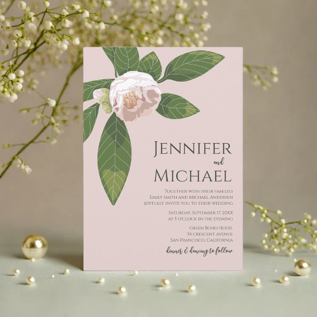 Invitation Camellia et verdure Mariage simple et élégant (Camellia and Greenery Simple Elegant Wedding Invitation)