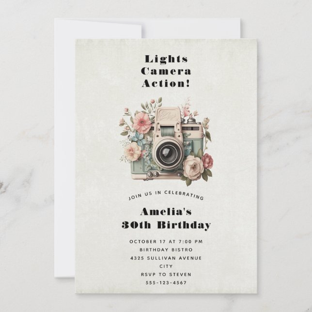 Invitation  Camera with Flowers Retro Pastel Image Birthday (Devant)
