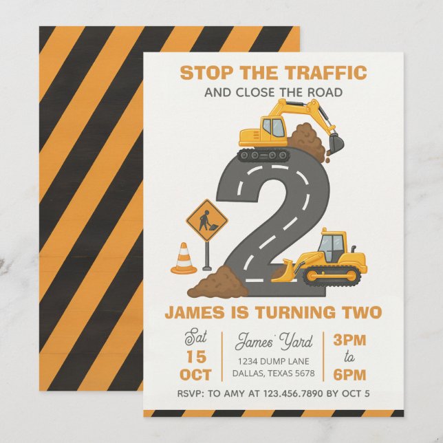 Invitation Camion à benne Construction 2e Anniversaire (Devant / Derrière)