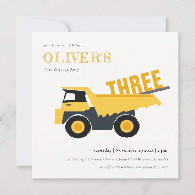 Invitation Camion à benne de chantier pour anniversaire d'enf (Devant)
