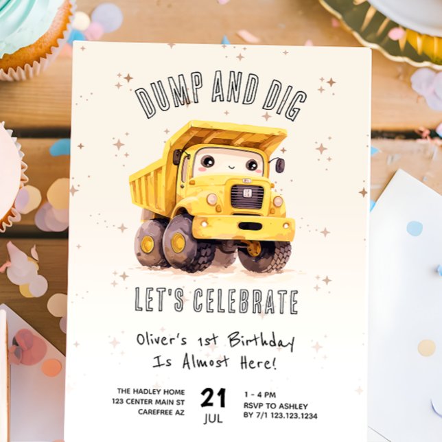 Invitation Camion à benne de construction mignon 1er annivers (Créateur téléchargé)