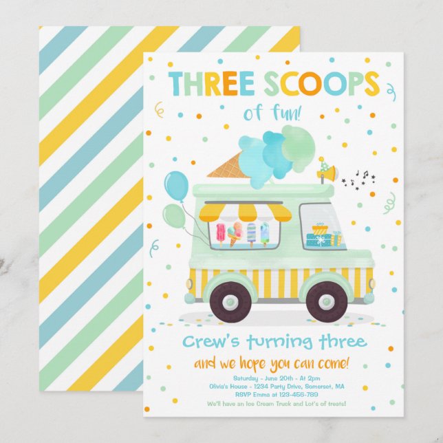 Invitation Camion À Crème De Glace Trois Scoops De Fun 3ème A (Devant / Derrière)