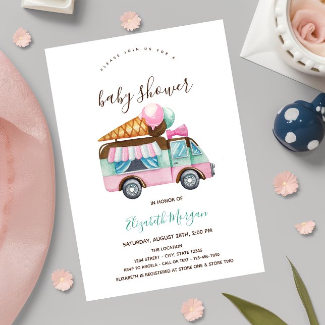 Invitation Camion à glace Baby shower à rayures roses (Créateur téléchargé)