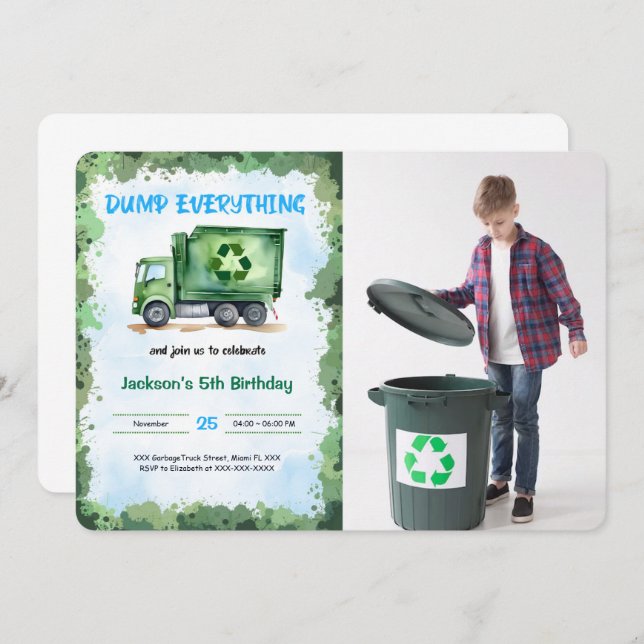 Invitation Camion à ordures modifiable photo de fête d'annive (Devant / Derrière)