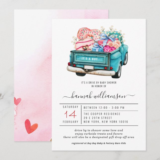 Invitation Camion Bleu de la Saint-Valentin | Baby Shower de  (Devant / Derrière)
