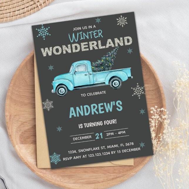 Invitation Camion bleu Winter Wonderland Anniversaire Invitat (Blue truck Winter Wonderland Birthday Invitations)