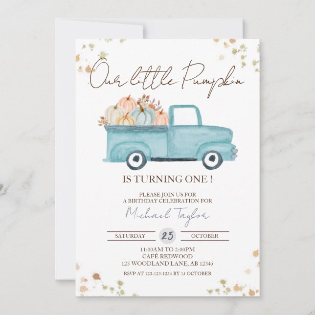 Invitation Camion citrouille 1er anniversaire, automne premie (Devant)