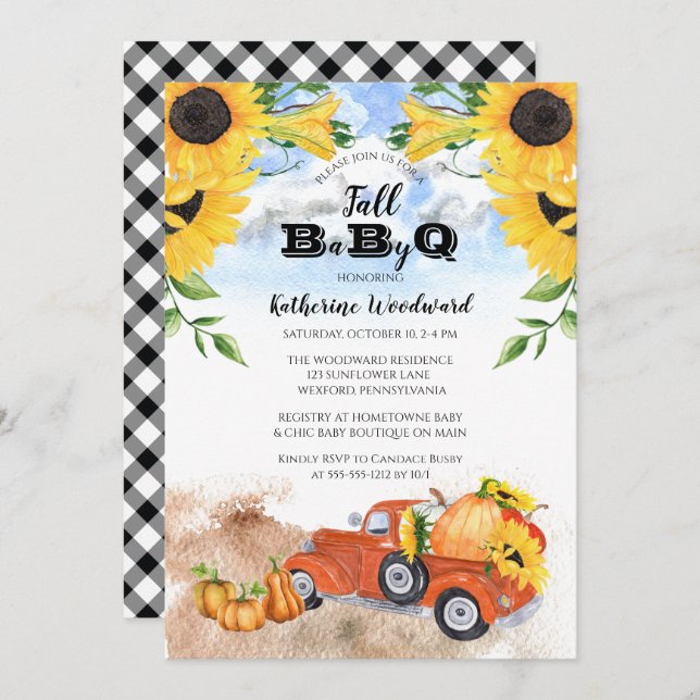 Invitation Camion Citrouille Automne | Sunflowers Baby BBQ Do (Devant / Derrière)