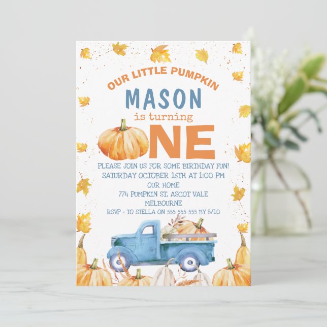 Invitation Camion Citrouille bleu orange 1er anniversaire  (Debout devant)