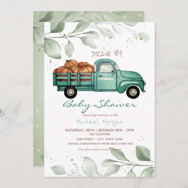 Invitation Camion Citrouille Conduit Par Baby shower (Devant / Derrière)