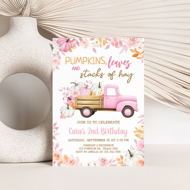 Invitation Camion Citrouille rose automne Anniversaire (Girl Pumpkin Truck Fall Birthday Invitation)