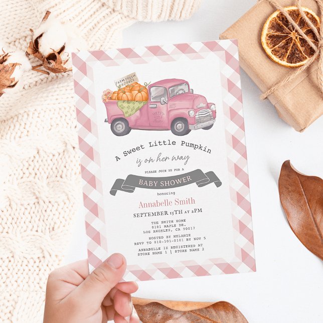 Invitation Camion Citrouille rose En vichy Baby shower fille (Créateur téléchargé)
