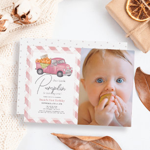 Invitation Camion Citrouille rose En vichy fille Photo 1er an