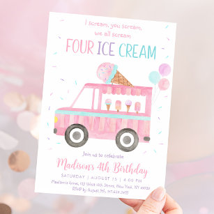 Invitation Camion Crème de glace rose Quatrième anniversaire