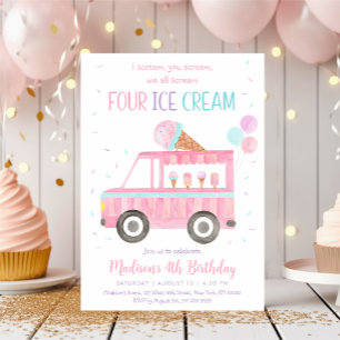 Invitation Camion Crème de glace rose Quatrième anniversaire