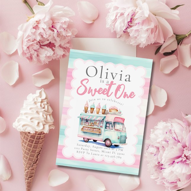 Invitation Camion crème glacée 1er anniversaire Pink Sweet On (Créateur téléchargé)