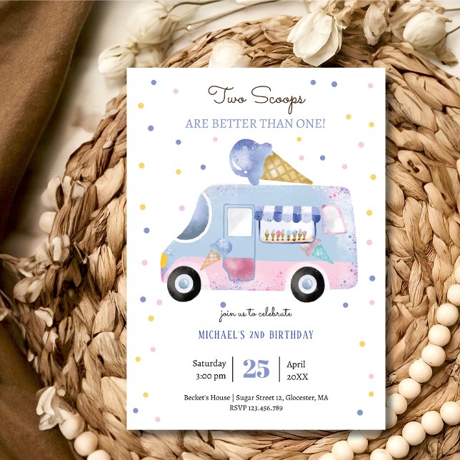 Invitation Camion crème glacée 2 scoops deuxième anniversaire (Créateur téléchargé)