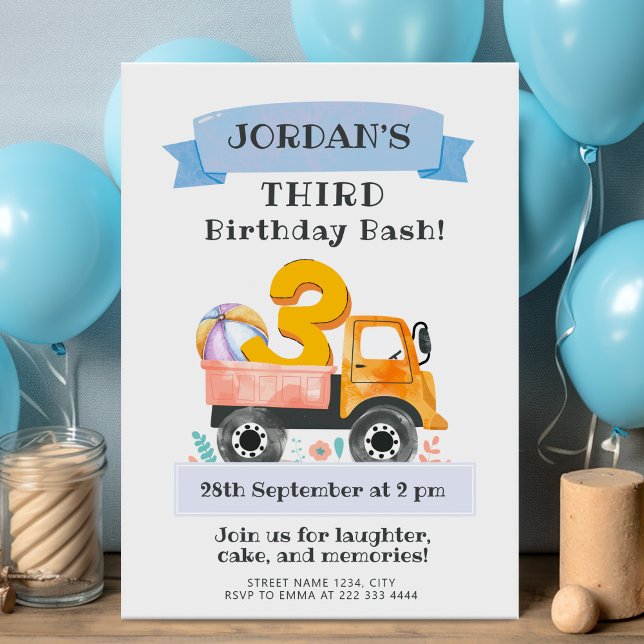 Invitation Camion d'aquarelle troisième anniversaire avec jou (Créateur téléchargé)