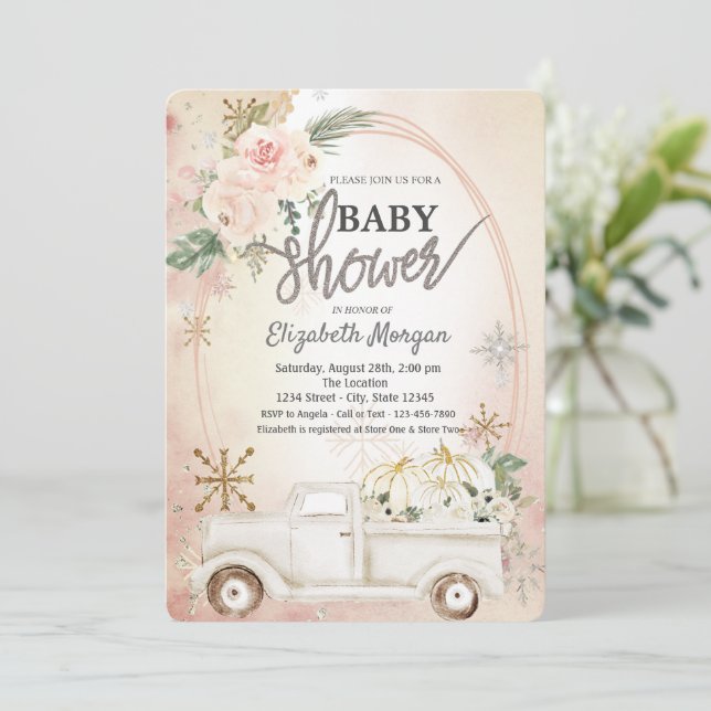 Invitation Camion de citrouille blanche, Roses, Baby shower d (Debout devant)