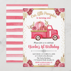 Invitation Camion de citrouille florale rose et or pour 1er a
