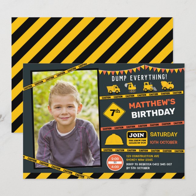 Invitation Camion de construction Camion Photo Boy Fête d'ann (Devant / Derrière)