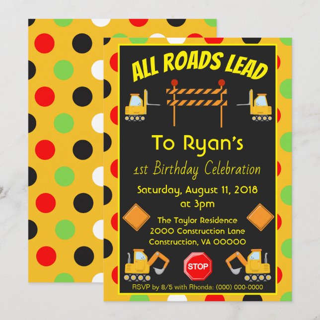 Invitation Camion de construction de fête d'anniversaire (Devant / Derrière)
