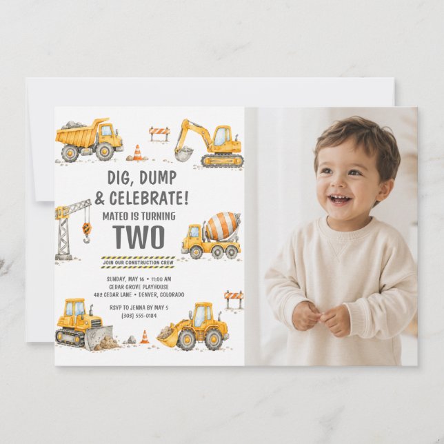Invitation Camion de Construction Jaune 2ème Anniversaire (Devant)