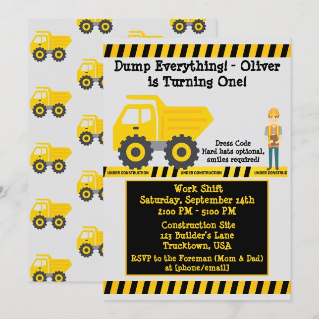 Invitation Camion de construction jaune pour un premier anniv (Devant / Derrière)