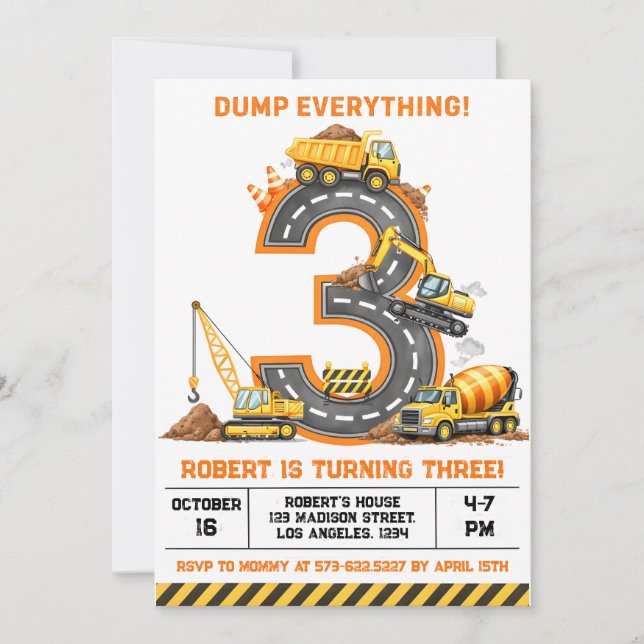 Invitation Camion de construction Tout Déverser 3e anniversai (Devant)