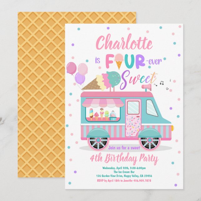 Invitation Camion de crème glacée Fourever Sweve 4th Birthday (Devant / Derrière)