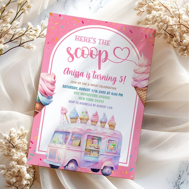 Invitation Camion de crème glacée rose coloré Voici le Scoop (Créateur téléchargé)