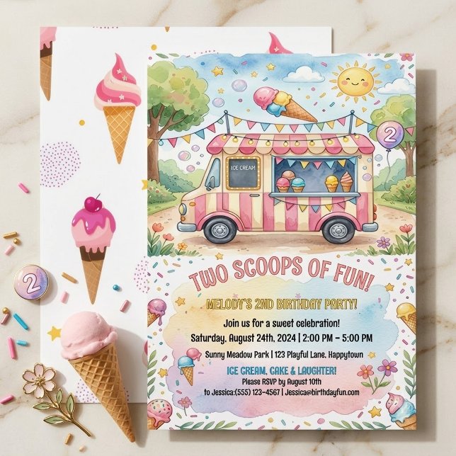 Invitation Camion de Glace à l'Eau pour les 2 ans de Filles  (Créateur téléchargé)