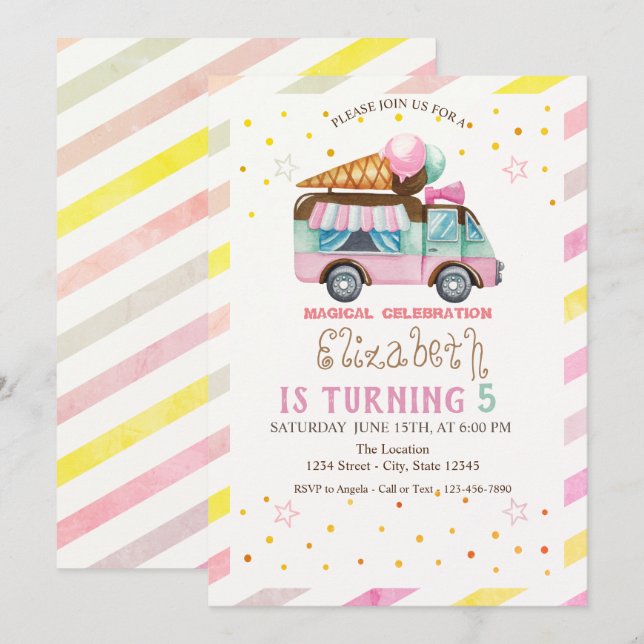 Invitation Camion de Glace à Rayures Anniversaire (Devant / Derrière)