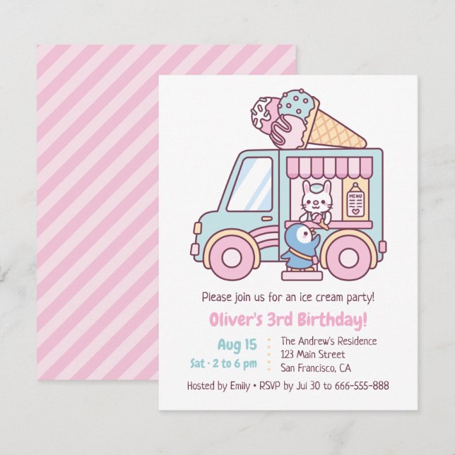 Invitation Camion de Glace Mignon Anniversaire Enfants (Devant / Derrière)
