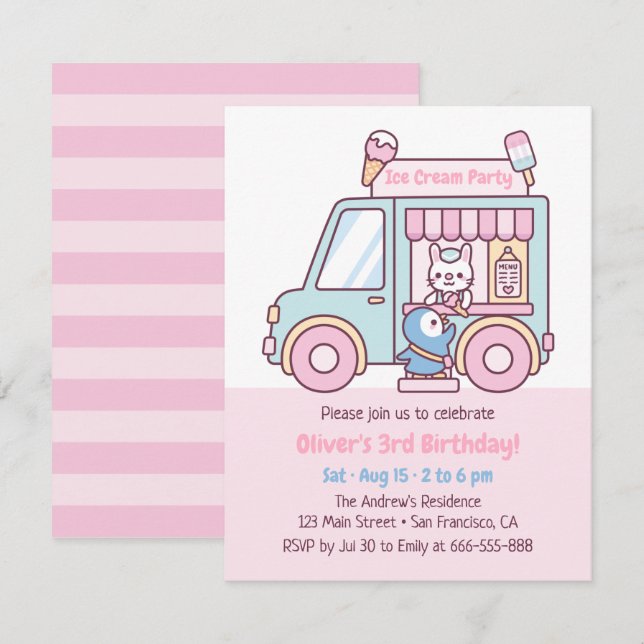 Invitation Camion de Glace Pastel Mignon pour Anniversaire d' (Devant / Derrière)