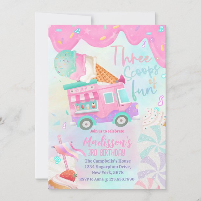 Invitation Camion de Glace Trois Boules De Fun 3ème Anniversa (Devant)