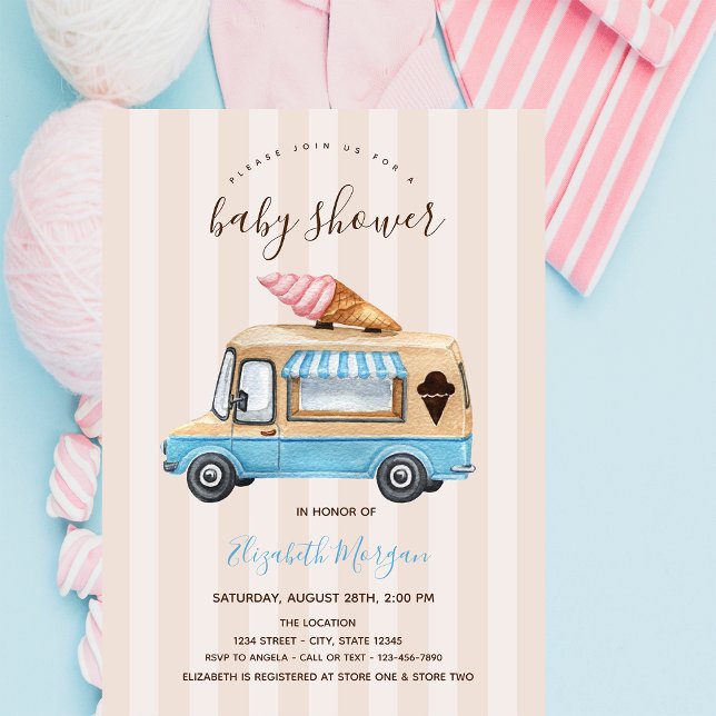 Invitation Camion de glaces à l'aquarelle Fête de bébé rayée  (Créateur téléchargé)