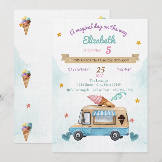 Invitation Camion de glaces,Cônes, Anniversaire   (Devant / Derrière)