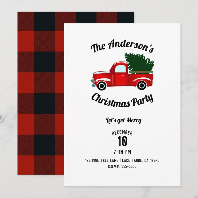Invitation Camion de Noël Rouge Fête de Noël Rustique (Devant / Derrière)