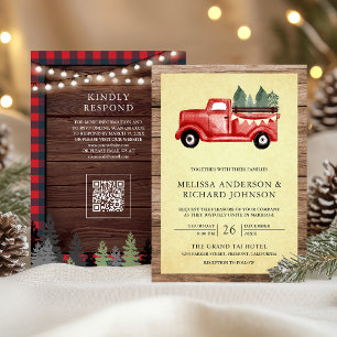 Invitation Camion de Noël Rouge Vintage Code QR Bois Mariage