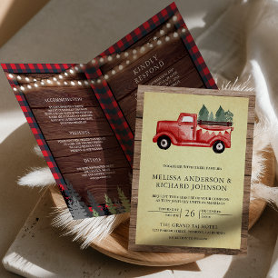 Invitation Camion de Noël Rouge Vintage Code QR Bois Mariage