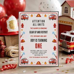 Invitation Camion de pompier rouge et blanc Fête de 1er anniv