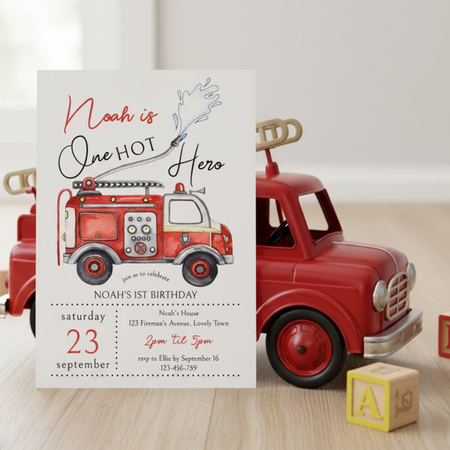 Invitation Camion de pompier rouge Un héros chaud 1er anniver (One Hot Hero 1st birthday party invitation)