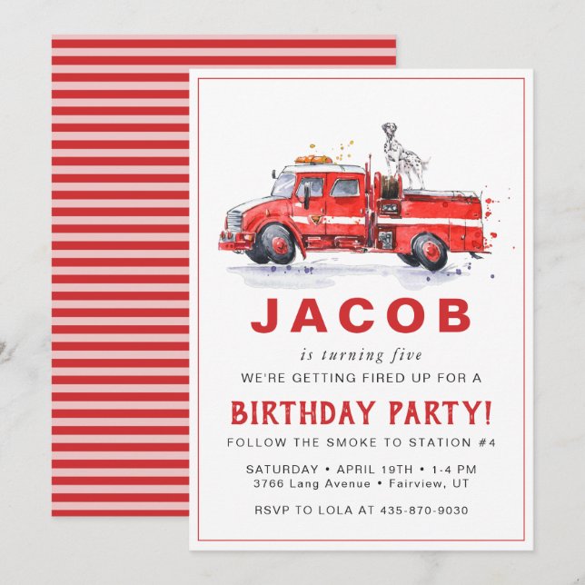 Invitation Camion de pompiers & Dalmatien | Anniversaire des  (Devant / Derrière)