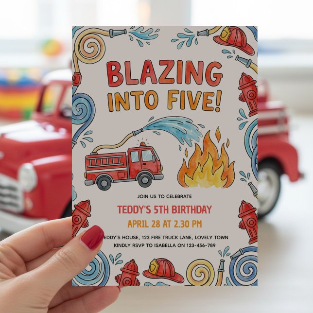 Invitation Camion de pompiers flamboyant pour le cinquième an (Blazing into Five Five 5th  birthday party invitation with red fire truck and firefighter theme)