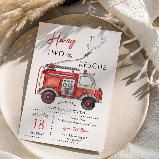Invitation Camion de pompiers rouge deux au secours 2e annive (2nd Birthday Red Fire Truck Invitation for your little hero "Two the Rescue")