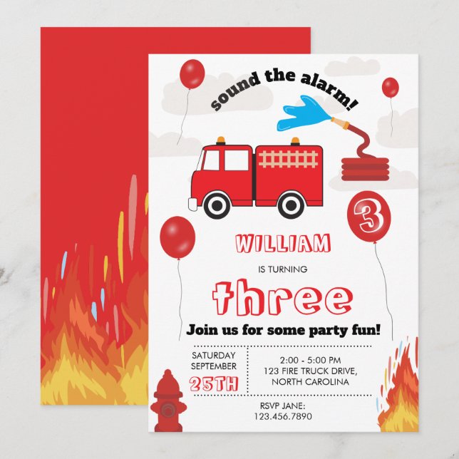 Invitation Camion de pompiers rouge Fête d'anniversaire pour  (Devant / Derrière)